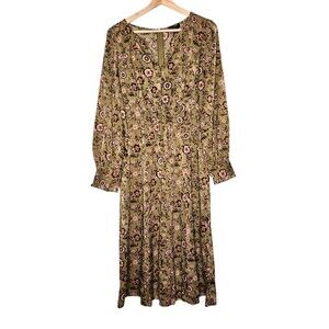 CURRENT AIR Los Angeles Long Sleeve Dress Olive Green Floral Midi Length V-Neck